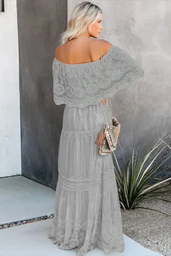 Gray Flower Child Off The Shoulder Lace Maxi Dress