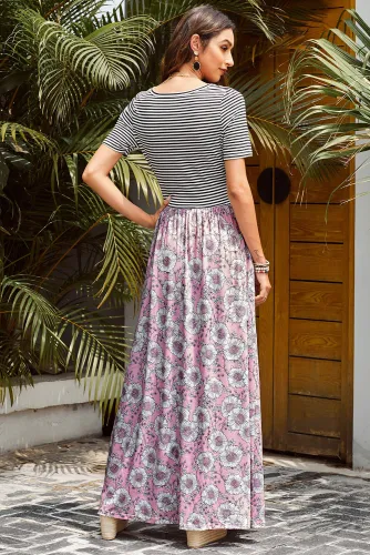 Pink Floral Print Striped Belt Pockets Maxi Dress