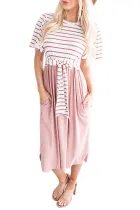 Pink Striped Shirt Tie Front Casual Midi Dress