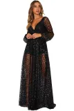 Black Glittering Checked Pattern Sheer Gown