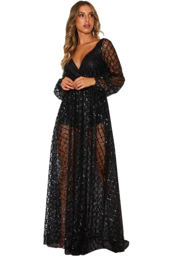 Black Glittering Checked Pattern Sheer Gown