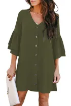 Green V Neck Buttoned Bell Sleeve Shift Shirt Dress