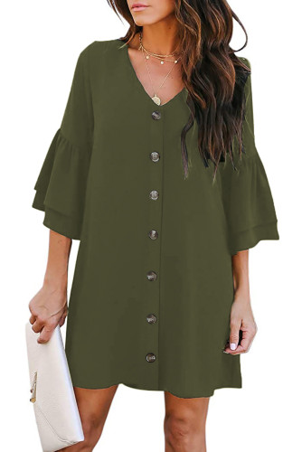 Green V Neck Buttoned Bell Sleeve Shift Shirt Dress