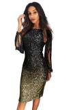 Black Ombre Sequin Tassel Sleeve Bodycon Evening Dress