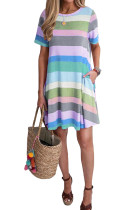 Sky Blue Striped Color Block Casual T-Shirt Dress