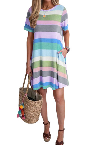 Sky Blue Striped Color Block Casual T-Shirt Dress