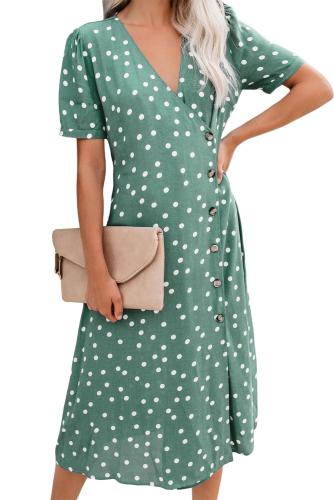 Green Polka Dot Buttoned Aside Midi Dress