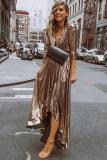 Metallic Shine Ruffled V Neck Maxi Party Dress