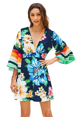 Multicolor V Neck Bell Sleeve Floral Short Dress