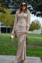 Apricot Off Shoulder Tasseled Sleeve Sequin Party Maxi Dress