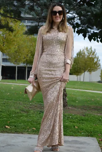 Apricot Off Shoulder Tasseled Sleeve Sequin Party Maxi Dress