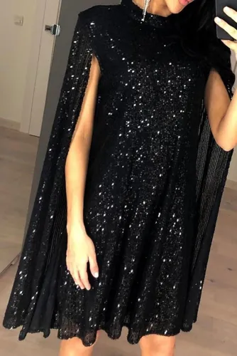 Black Glitter Mock Neck Cape Design Sequins Dress