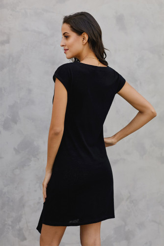 Black Low Key Linen Twist T-Shirt Dress