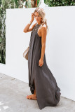 Olive Crochet Detail Linen Sleeveless Maxi Dress with Slits