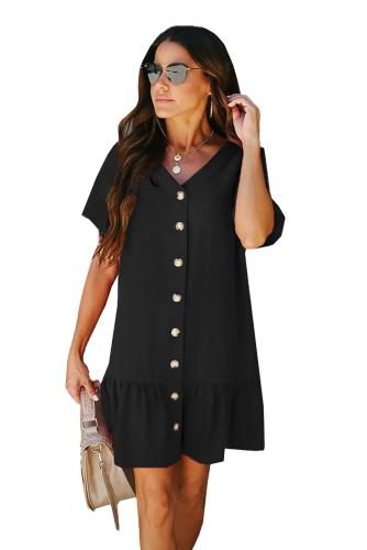 Black Pocketed Buttoned Ruffle Dress