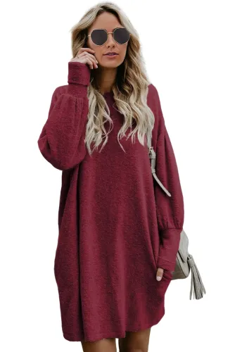 Red Autumn Winter Long Lantern Sleeve Knitted Sweatshirt Dress