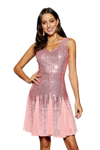 Pink Sequin&Chiffon Mini Dress