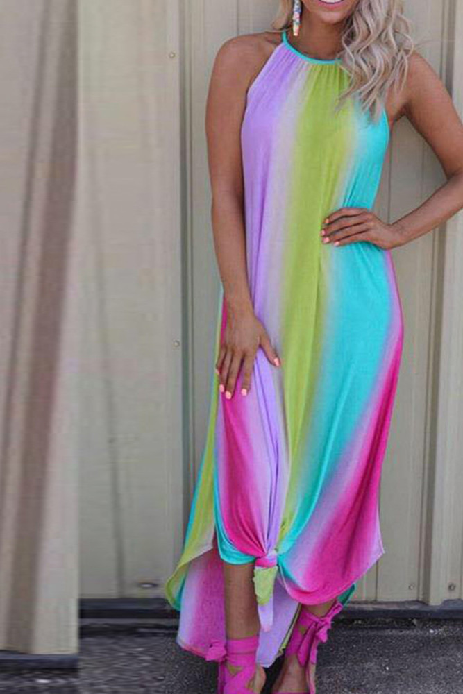 Multicolor Tie Dye Halter Neck Sleeveless Maxi Dress
