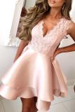 Pink Scalloped V Neck Double-layer Skater Mini Dress