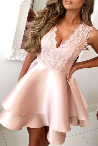 Pink Scalloped V Neck Double-layer Skater Mini Dress