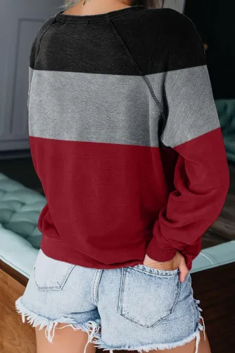 10+sku 编号 Red Raglan Sleeve Color Block Pullover Sweatshirt 21