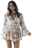 Beige Hollow Out Neck Ruffled Layered Tiered Floral Print Mini Dress