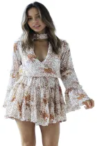 Beige Hollow Out Neck Ruffled Layered Tiered Floral Print Mini Dress