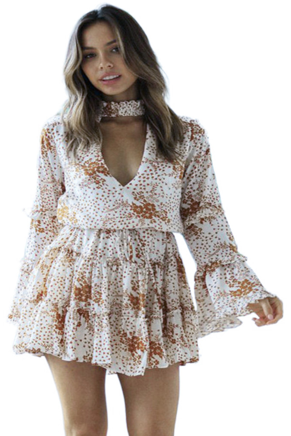 Beige Hollow Out Neck Ruffled Layered Tiered Floral Print Mini Dress