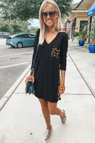Leopard Print Splicing Black Cotton Mini Dress