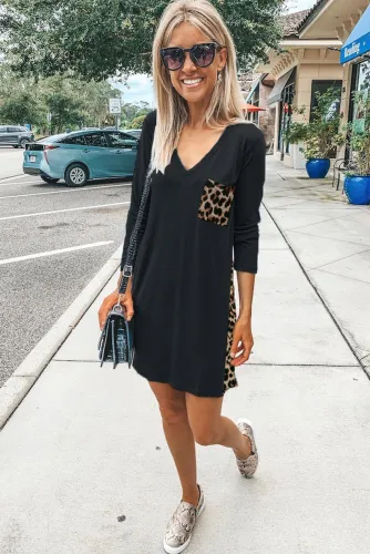 Leopard Print Splicing Black Cotton Mini Dress