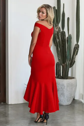 Red Off The Shoulder Frill Detail Maxi Dress