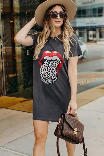 Gray Lip Print Summer Casual Tee Mini Dress