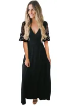 Black Floral Lace Half Sleeve Wrap V Neck Party Long Maxi Dress