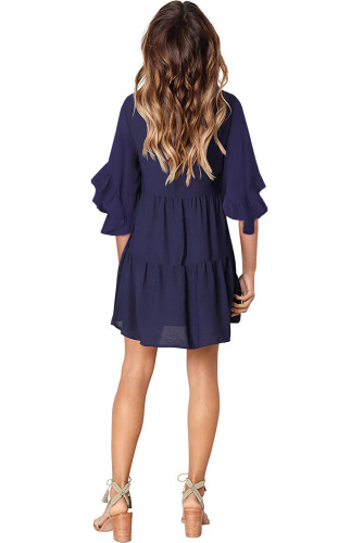Blue V Neck Ruffled Swing Tunic Shift Dress