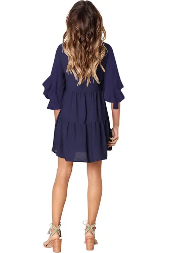 Blue V Neck Ruffled Swing Tunic Shift Dress