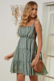 Green A-line Layered Ruffled Floral Dress