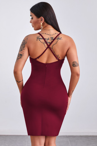 Red V Neck Slip Slit Dress