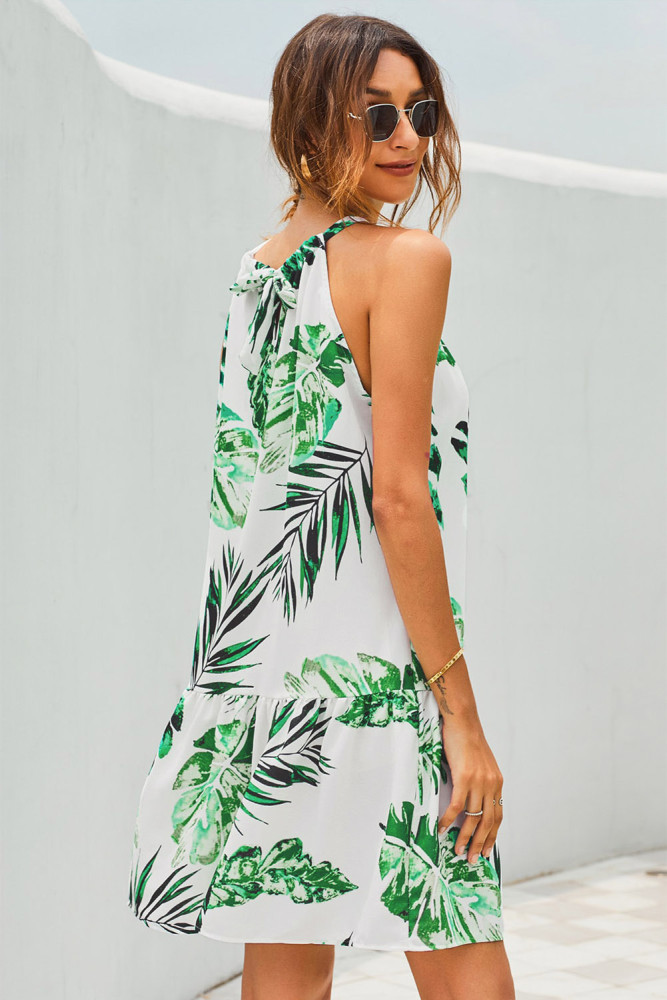 Leaf Print Drawstring Neck Sleeveless Short Dress