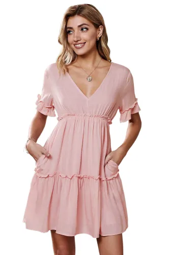 Apricot Pocketed Ruffle Tiered Dress