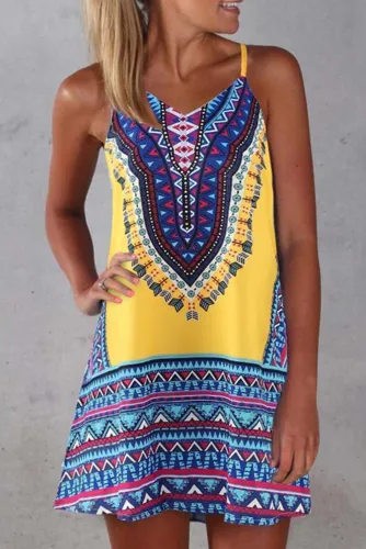 Yellow Boho Aztec Print Sleeveless Sundress