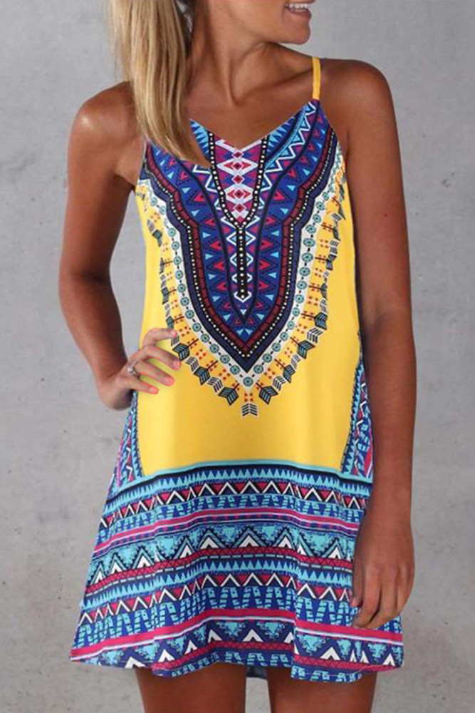 Yellow Boho Aztec Print Sleeveless Sundress