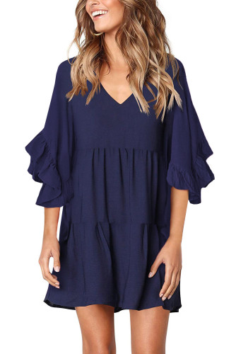 Blue V Neck Ruffled Swing Tunic Shift Dress