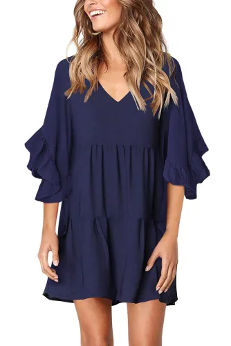Blue V Neck Ruffled Swing Tunic Shift Dress
