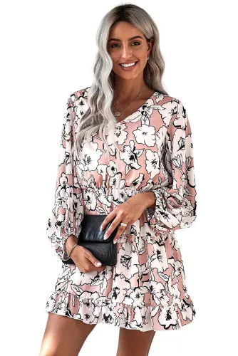 Apricot V Neck Lantern Sleeves Floral Tunic Dress