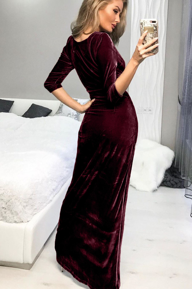 Red Deep V Neck Ruched Side Slit Party Velvet Dress