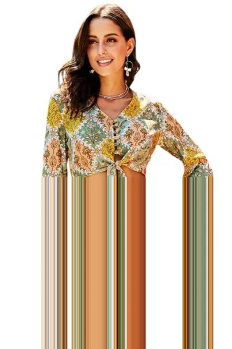 Yellow Retro Bell Sleeve Front Knot 2 Pcs Dress