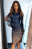 Blue Ombre Sequin Tassel Sleeve Bodycon Evening Dress