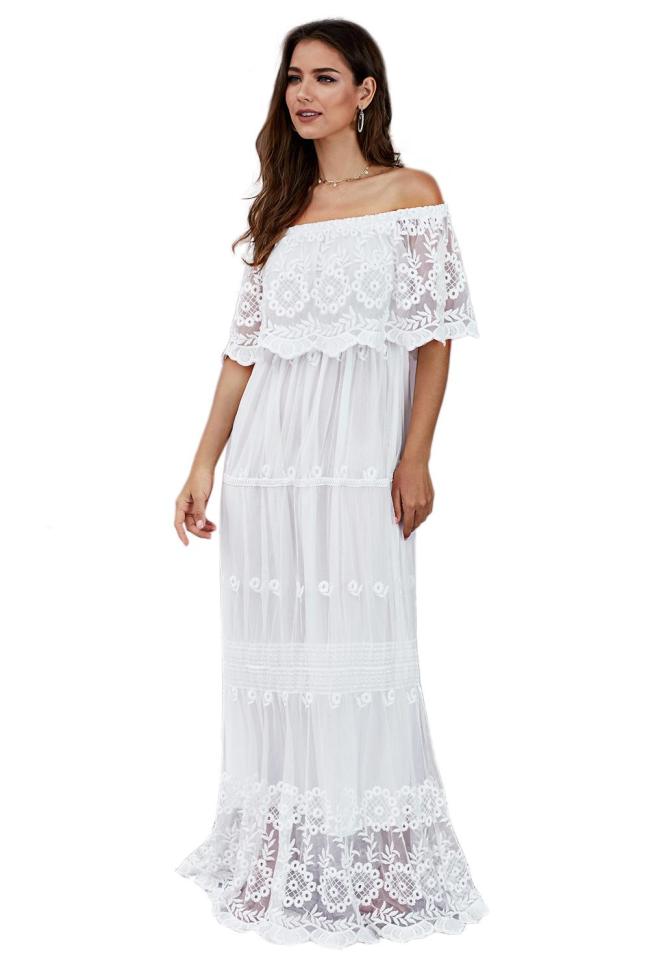 Beige Flower Child Off The Shoulder Lace Maxi Dress