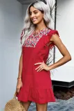 Red Boho Print Pompom Sleeve Shift Dress