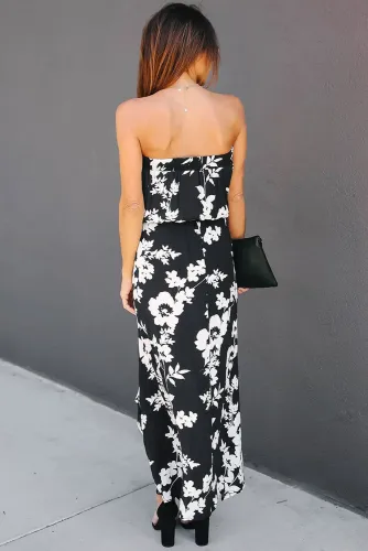 Black Strapless Floral Dress